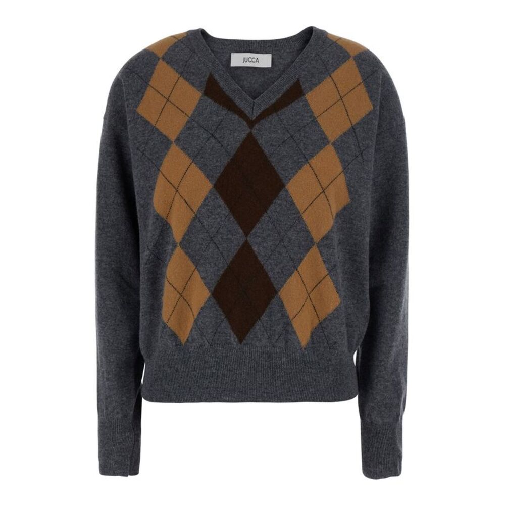 Jucca Women Argyle Pattern Sweater With V-Neck In Gray